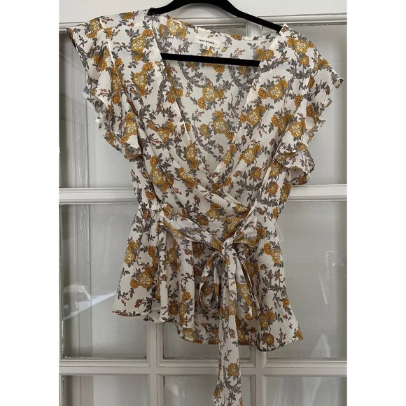 MAX STUDIO Yellow Floral Peplum Blouse Tie Waist Flutter Sleeve Womens S - Picture 1 of 13